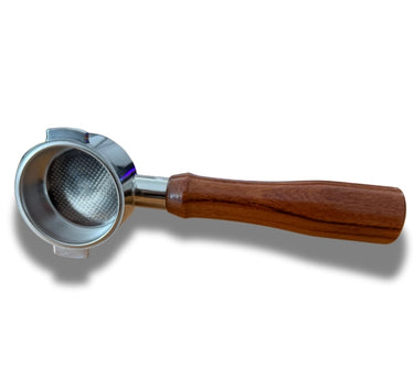 Coffee tamp with wooden handle and metal head on a white background